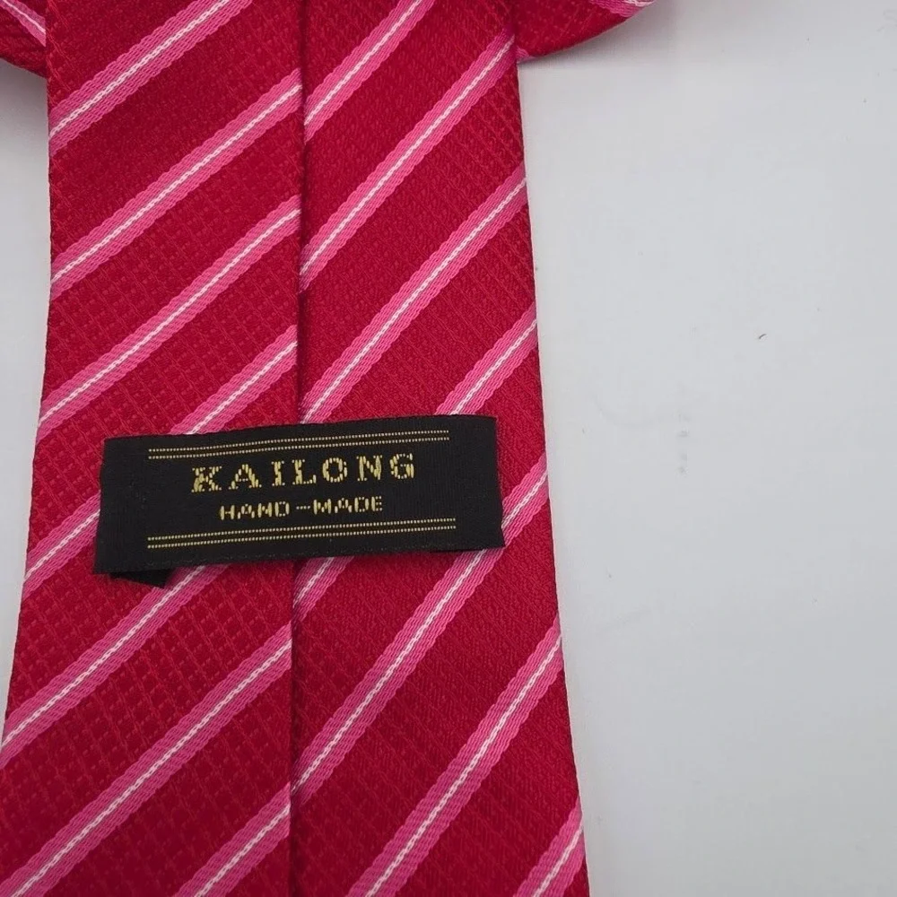 KAILONG Red Pink White Stripe Hand Made Silk Blend Necktie Mens‎